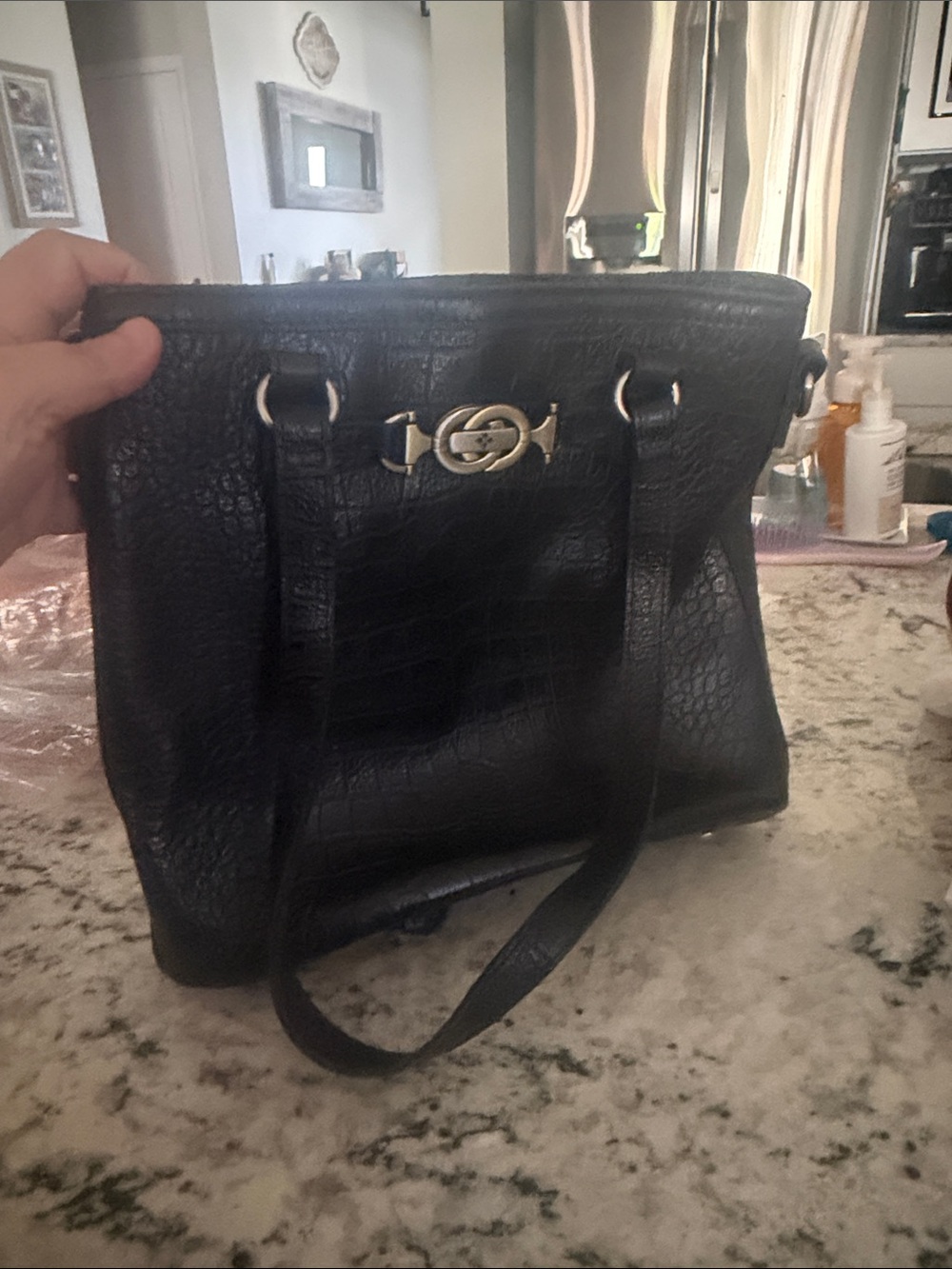 Patricia Nash Black Croc-Embossed Shoulder Bag with Gold Accent